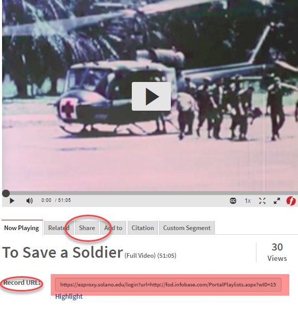 screenshot of embed links and options in Films on Demand